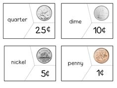 four different types of coins are shown in this printable worksheet for kids