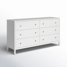 a white dresser with gold knobs on the top and bottom, against a plain background