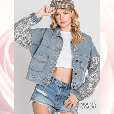 Brittney Sequins Detail Distressed Denim Jacket | Uniquely Claudia Trendy Denim Jacket For Night Out, Trendy Denim Outerwear For Night Out, Denim Long Sleeve Jacket For Night Out, Trendy Spring Denim Jacket For Night Out, Denim Outerwear For Night Out In Fall, Denim Party Outerwear, Fitted Denim Jacket For Spring Parties, Denim Outerwear For Fall Party, Denim Winter Party Outerwear