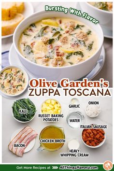 bowl of Olive Garden Zuppa Toscana Soup. ingredients to make Olive Garden Zuppa Toscana Soup. Olive Garden Zuppa Toscana Soup, Olive Garden Zuppa, Olive Garden Zuppa Toscana, Zuppa Toscana Soup, Toscana Soup