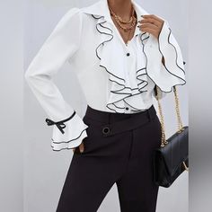 The Stylish Ruffle Trim Blouse Is An Elegant Choice With A Single-Breasted Flare Sleeve Design, Featuring A Soft Contrast Trim. It Is Ideal For Both Spring And Fall, Making It A Perfect Addition To Women's Everyday Wear. True To Size Xxl/14 Bust 42.-44 Waist 34-36 100% Polyester No Sheer Casual Style V Neck Passion Of Essence Boutique White Ruffled Blouse For Office, Elegant Ruffled Tops For Office, Fitted Ruffle Blouse For Office, White Office Lady Blouse For Party, Chic Office Blouse With Ruffles, Chic Ruffled Office Blouse, White Ruffled Tops For Office, White Ruffled Blouse For Office Wear, Elegant Blouse With Ruffles For Office Wear