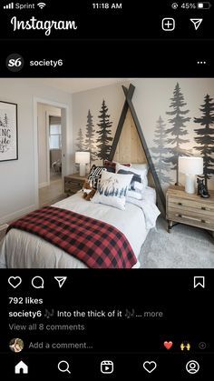 the instagram page shows an image of a bedroom with pine trees on the wall