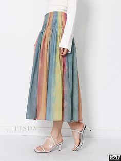 Fisdy - Stylish High-Waisted Colorful Skirt with Retro Design and Fashionable Rainbow Contrast - Perfect Midi Skirt for Versatile Dressing Pattern Rainbow, Color Block Skirt, Colorful Skirts, White Midi Skirt, Polyester Skirt, Ruched Skirt, White Midi, Wide Stripes, Vintage Rock