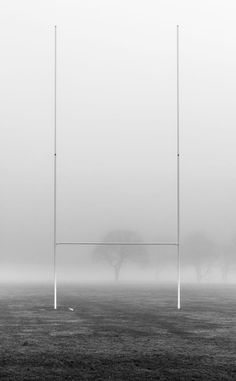 an empty field with two flags in the fog