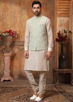 #beige #readymade #kurta #pajama #nehru #jacket #looking #handsome #new #arrivals #ethnic #outfit #ootd #mens #fashion #indian #attire #online #shopping Men Kurta, Kurta Men, Wedding Outfit Men, Beige Jacket