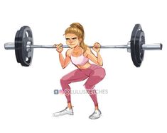 a woman doing squats with a barbell on her chest and arms behind her head