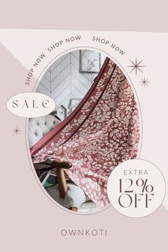 an advertisement for the sale of curtains and bedding in front of a pink background