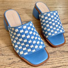 Only Worn Once - Excellent Condition. Priced To Sell Quickly Because I'm Cleaning Out My Closet ! Size 36 (In Us Sizing They Are 6-6.5) Leather, Made In Spain Blue Sandals With Woven Sole And Round Toe, Blue Sandals With Woven Sole For Spring, Spring Blue Sandals With Woven Sole, Summer Vacation Blue Mules, Blue Square Toe Mules For Summer, Blue Block Heel Mules For Summer, Summer Blue Sandals With Branded Heel Counter, Summer Blue Block Heel Mules, Chic Blue Square Toe Mules