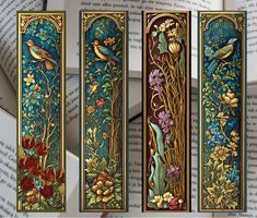 three bookmarks with flowers and birds on them