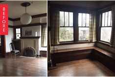 before and after photos of a living room with wood floors, windows, and fireplace