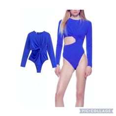 Blue Side Cut Out Bodysuit Gathered Side Accent Stretch Polyester Material Blue Long Sleeve Bodysuit For Night Out, Chic Blue Stretch Bodysuit, Chic Blue Bodysuit For Spring, Trendy Blue Bodysuit For Night Out, Chic Blue One-piece Bodysuit, Casual Blue Bodysuit For Night Out, Blue One-piece Bodysuit For Spring, Bandage Bodysuit, Cut Out Bodysuit