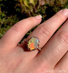 14K Rose Gold Opal and Diamond Ring. Size 7.. Kyanite Earrings, Ring Displays, Feather Pattern, Sunny Yellow, Fiery Red, Opal Earrings, Labradorite Pendant, Opal Ring, Welo Opal