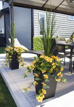 two large planters with yellow flowers sit on a patio next to a table and chairs