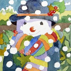 a watercolor painting of a snowman wearing a hat and scarf