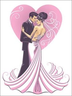 a bride and groom are hugging in front of a heart shaped pink background with swirls