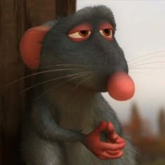 a cartoon rat is standing next to a wooden pole and looking at the camera with an angry look on his face