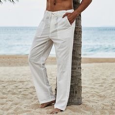 Season:Summer; Fabric:Linen / Cotton Blend; Gender:Men's; Style:Streetwear,Fashion; Elasticity:Micro-elastic; Occasion:Beach,Casual,Daily,Holiday; Fit Type:Regular Fit; Function:Soft,Breathable; Waistline:Mid Waist; Pattern:Plain; Design:Elastic Waist,Drawstring; Pants Type:Summer Pants,Linen Pants,Beach Pants,Trousers; Fly Type:Elasticity,Drawstring; Front page:FF; Listing Date:02/15/2023; Production mode:External procurement; Hips:; Length:; Waist:; Fit US Size:null; Fit UK Size:null; Fit EU S Linen Beach Pants, Mens Linen Pants, Pants Linen, Streetwear Mode, Mens Linen, Beach Casual, Beach Pants, Summer Pants, Black Khakis