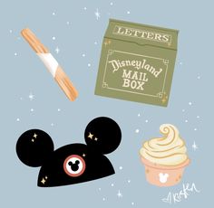 a mickey mouse head with a cupcake next to it and a sign that says letters disneyland mail box