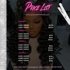 Some sections need CANVA PRO, if u don't inbox me I will help ,or edit for u. Download the link.  Click the link on the file in inbox or email , then you will redirect to CanvaEdit Your design & downloadThis flyer is digital , no physical products will be shipped. Hairstyle Price List Design, Hair Pages Instagram, Hair Pricing List, Hairstyles Flyer Design, Prices For Hair Styles, Make Up Price List Design, Instagram Hair Business Page Layout, Hairstyles Price List, Price Template Design