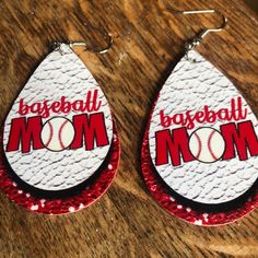 Faux Leather New Baseball Mom Earrings Tear Drop Design Red And White Adjustable Red Leather Earrings, Red Leather Earrings For Gifts, White Leather Earrings Gift, White Leather Earrings For Gift, White Leather Earrings As A Gift, Red Leather Earrings, Faux Leather Cricut, Leather Cricut, Shortcake Cookies