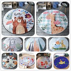 several pictures of different designs and colors of round rugs with animals, flowers, and letters on them