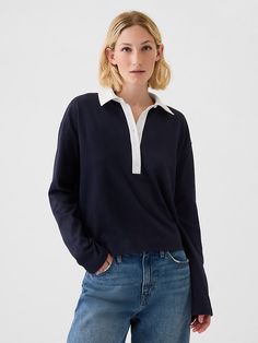 Fall Clothes For Women, Cropped Polo Shirt, Adele Dress, Boyfriend Sweater, Big Sweaters, Rugby Polo, Polo Long Sleeve, Fisherman Sweater, Fall Clothes