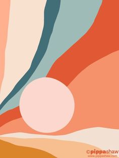 an abstract painting with orange, blue, and pink colors in the background is a white ball