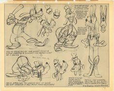 an old disney character storyboard with some drawings on it's side, including goofy and