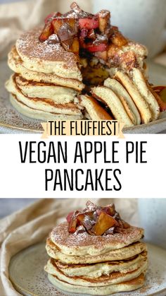 This easy vegan apple pancakes recipe makes fluffy and soft pancakes that are healthy and deliciousThese apple pancakes come with gooey dark chocolate for a tasty breakfast or your weekend brunch. Apple Pie Pancakes, Vegan Apple Cake, Vegan Brunch Recipes, Cake Pancakes, Vegan Apple Pie, Vegan Baking Recipes, Apple Pancakes, Vegan Apple, Vegan Brunch