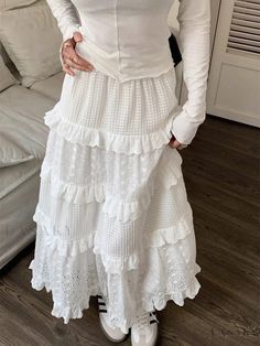 Lasaky - White Cake Dress High Waist Floral Lace Midi Skirt A-Line Skirt Korean Fashion Skirt, Autumn Holiday, White Long Skirt, Mori Girl Fashion, Lace Midi Skirt, Jacquard Skirt, Chic Skirts, Dress Cake, Winter Fabric