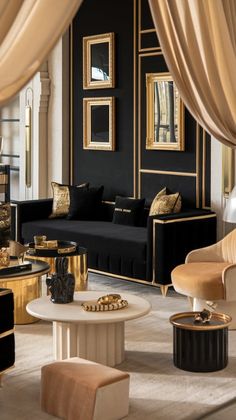 a living room filled with black and gold furniture