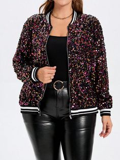 Chaqueta larga de manga larga con cremallera, decoración de lentejuelas de color para mujer talla grande Multicolor Casual  manga larga Tela tricotada A rayas,Estampado Integral Bómber No-Elástico  Women Plus Clothing, size features are:Bust: ,Length: ,Sleeve Length: White Stripes Band, Sequence Jacket, Plus Size Jackets, Tour Outfits, Sequin Decor, Fall Wear, Sequin Jacket, Long Sleeve Jacket, Sleeve Jacket