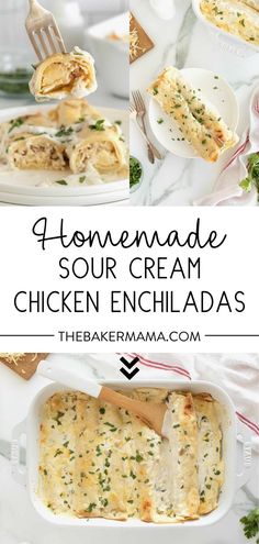 homemade sour cream chicken enchiladas in a casserole dish