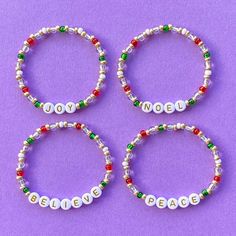 three bracelets with beaded beads and words that spell believe, love, peace