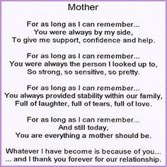 a poem written in purple and white with the words, mother for as long as i can remember