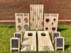 several pieces of wood sitting in the grass