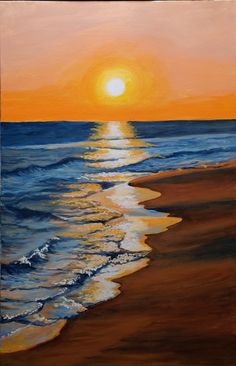 an oil painting of the sun setting over the ocean with waves coming in to shore