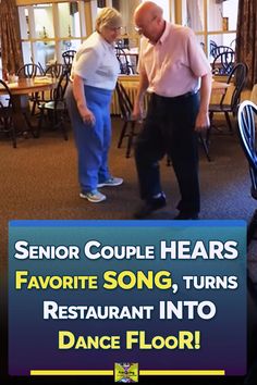 two people standing in a room talking to each other with the words senior couple hearts favorite song, turns restaurant into dance floor