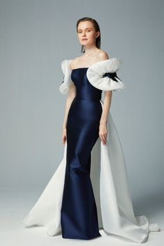 Draped off shoulder sleeves column dress - HerTrove Navy Evening Gown, Dresses Couture, Off Shoulder Sleeves, White Gown, Column Dress, فستان سهرة, Gowns With Sleeves, Glam Dresses, Formal Evening Dresses