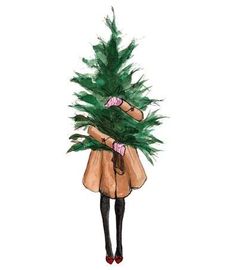 a drawing of a woman carrying a christmas tree on her back with stockings and mittens