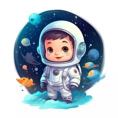 a little boy in an astronaut suit standing on the moon with fish and planets around him