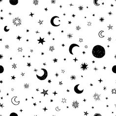 black and white stars and moon pattern on a white background