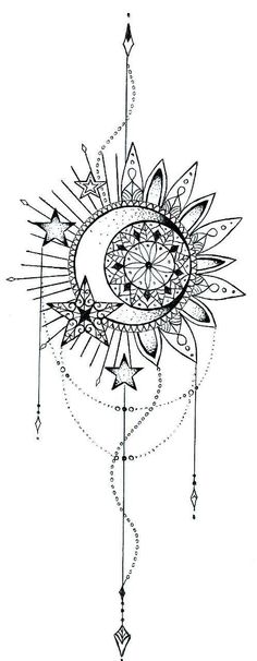 Sun And Moon Mandala Drawing, Sun Tattoo Stencil, Mandala Sun Tattoo, Moon And Sun Tattoo, Chandelier Tattoo, Mandela Tattoo, Tattoo Sonne, Luna Tattoo, Sun And Moon Mandala