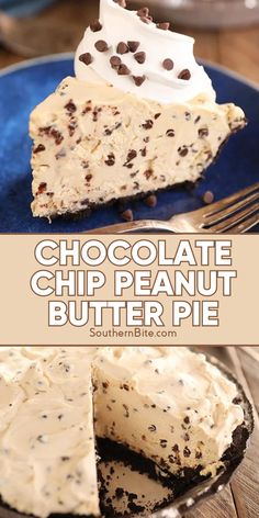 chocolate chip peanut butter pie on a blue plate