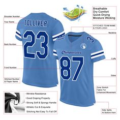 Order the jersey with special name & number you want from our shop, making a vibrant look on the field or daily life! Features: 1. Material: 100% Recycled Polyester-Body; 88% Nylon/12% Spandex-Neckline, Sides, Sleeves 2. Fit: Authentic jerseys have an athletic cut that fits snug in the chest and shoulders. 3. Stitched tackle twill name and numbers 4. Sublimated stripes on sleeves 5. Zone stretch fabric for enhanced movement; Tailored fit designed for movement 6. Moisture-wicking fabric has spong St. Patricks Day, Blue Football, Uniform Shirts, Alpha Kappa Alpha, 3d Pattern, White Mesh, Sleeveless Crop Top, Baseball Shirts, Football Jersey