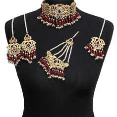 Pakistani jewellery set. Set includes - Earrings  Necklace  Tikka Jhumar Kundan Choker With Latkans For Wedding, Wedding Kundan Choker With Latkans, Ceremonial Stone Work Choker Jewelry, Wedding Choker Jewelry With Stone Work, Wedding Choker With Latkans For Diwali, Red Kundan Necklace With Latkans For Ceremonial Occasions, Ceremonial Red Kundan Necklace With Latkans, Ceremonial Red Kundan Bridal Set, Red Kundan Bridal Set For Ceremonial Use