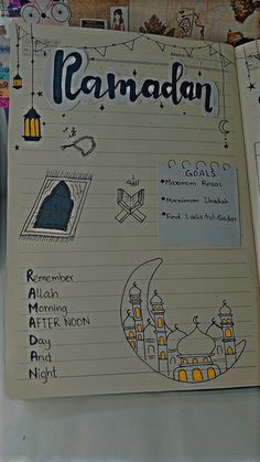 an open notebook with drawings on it and the words panadan written in arabic