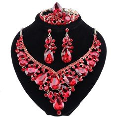 Crystal Necklace Luxury Red Jewelry Sets For Anniversary, Luxury Red Bridal Necklace For Party, Luxury Red Round Bridal Necklace, Luxury Red Jeweled Necklace, Traditional Luxury Red Jewelry Sets, Luxury Red Necklaces For Anniversary, Red Luxury Necklaces For Anniversary, Luxury Red Necklaces For Festivals, Luxury Red Necklaces For Party