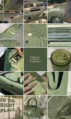 the collage shows many different things in green and white colors, including an old car