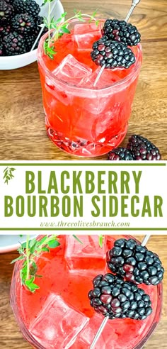 two glasses filled with blackberry bourbon soda and garnished with fresh blackberries on the rim